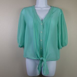 Charlotte Russe Teal Sheer 3/4 Sleeve Button Tie Front Top Size Medium